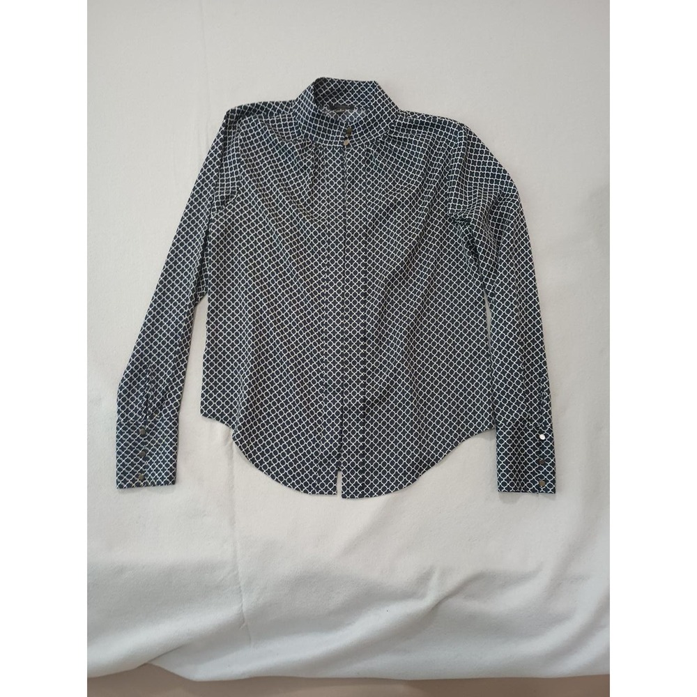 Ann Taylor Navy Blue Geometric Quatrefoil Button Front Blouse Womens Size 4